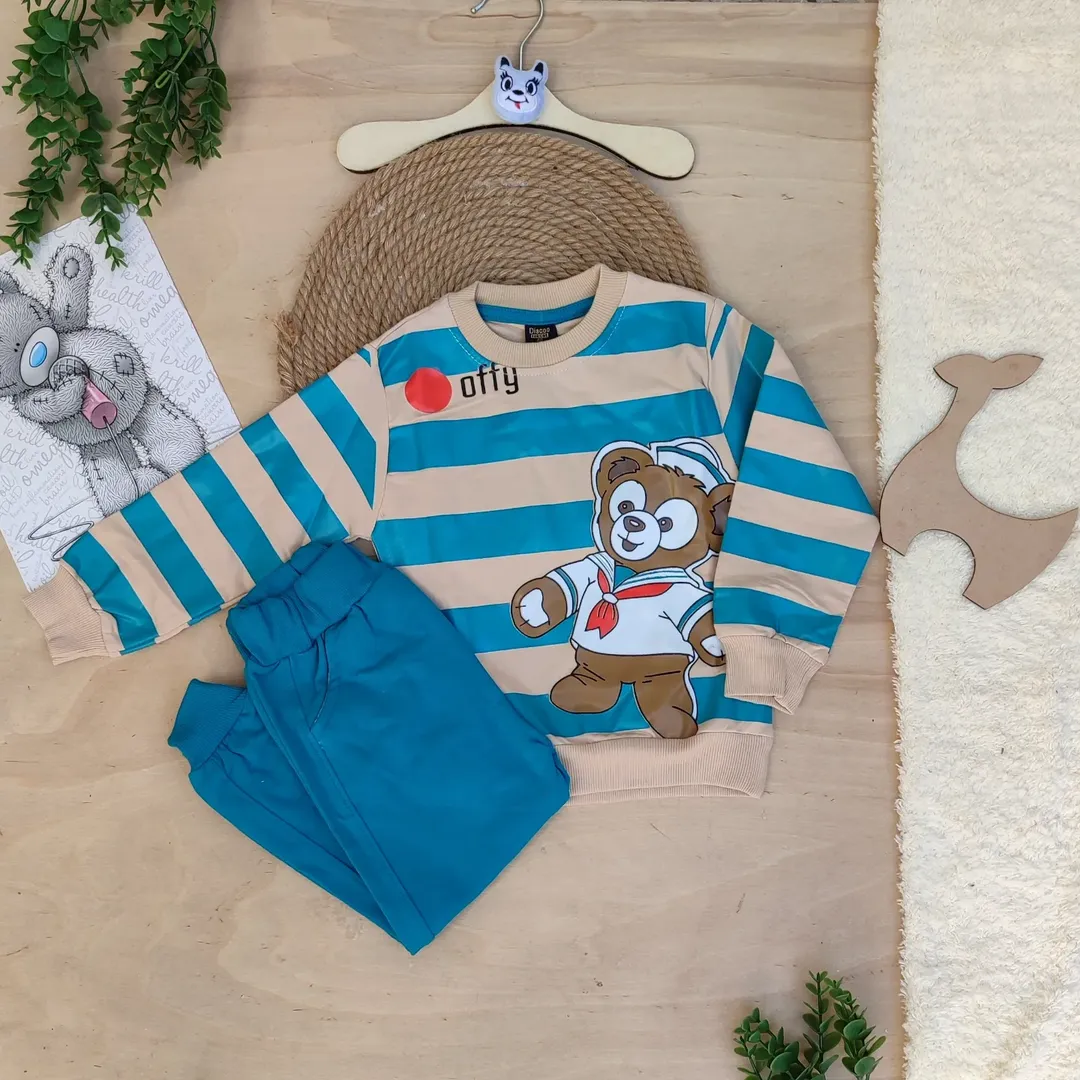 ست بلوز و شلوار دورس پنبه سه نخ لاکرا پسرانه مدل خرسی ملوان چاپ تضمینی